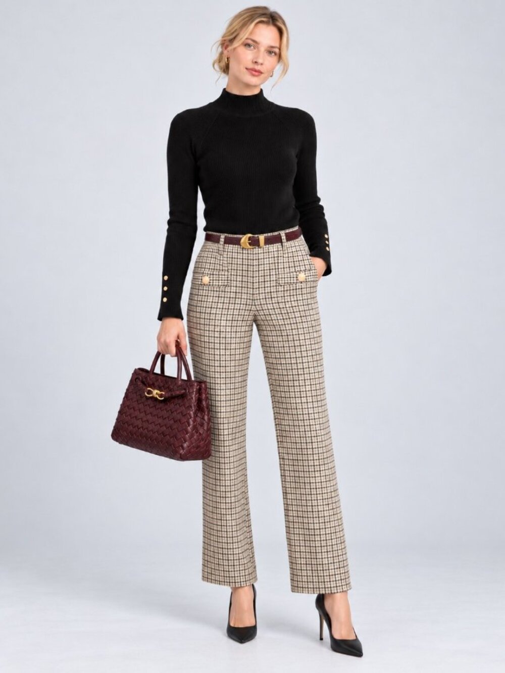 Derek Lam 10 Crosby Houndstooth Wide-Leg Pant — Biscuit Multi, Size 4